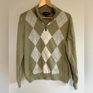 Tasso Elba Men's Green Argyle Quiet Luxury Quarter Zip Cotton Sweater Size M
